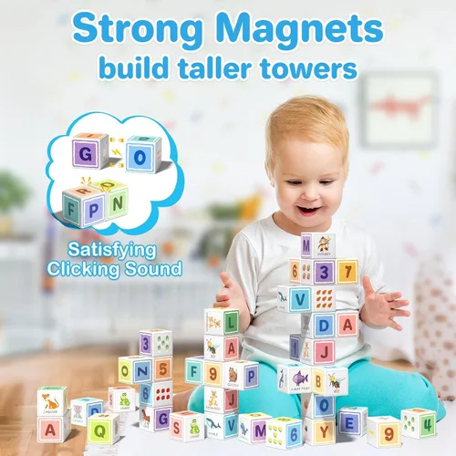 Miniatura 3 de Bloques magnéticos Asago ABC 123 Alfabeto colorido impreso, bloques de construcción para niños pequeños de 1 a 3 años, cubos magnéticos juguetes
