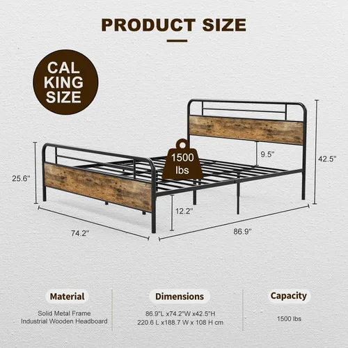 Miniatura 2 de IKIFLY Base de cama California King con cabecero de madera, cama de plataforma de metal California King, listones de acero resistente