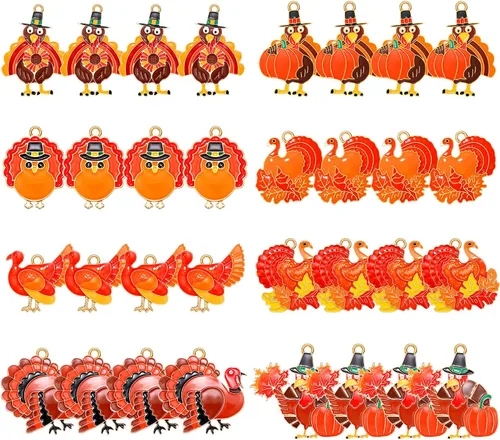 Miniatura 4 de NVENF 32 dijes de otoño para hacer joyas, dijes esmaltados de Acción de Gracias, calabaza, pavo, hoja de arce, colgantes para manualidades