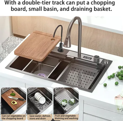 Miniatura 4 de Fregadero de cocina nano negro y gris 304 de acero inoxidable 304, fregadero de cocina con estación de trabajo de un solo tazón, fregadero de cocina