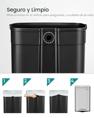 Miniatura 5 de SONGMICS Cubo de basura de 13 galones (50 L), cubo de basura de cocina de acero inoxidable, reciclaje o contenedor de residuos, cierre suave, pedal
