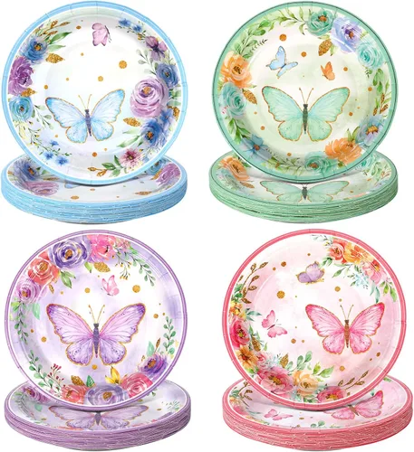 80 platos de fiesta de cumpleaños de mariposa, platos de papel de mariposa de 7 pulgadas, decoración de vajilla desechable floral de primavera para