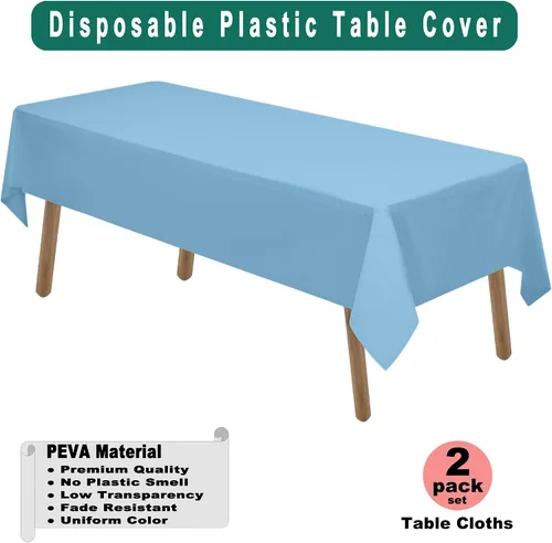 Miniatura 2 de Manteles de Plástico Azul Claro Paquete de 2 Cubiertas de Mesa Desechables 54 x 108 Pulgadas Manteles para Baby Shower Fiesta PEVA Manteles Azul