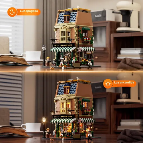 Miniatura 2 de Funwhole Set de Construcción de Café-Librería con Luces LED - Conjunto de Ladrillos de Construcción Modular de Modelo de Casa de Café de Ciudad