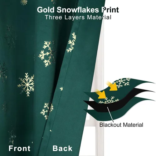 Miniatura 3 de FRAMICS Cortinas de Navidad con estampado de copos de nieve dorados en papel de aluminio, cortinas opacas con aislamiento térmico para sala de estar
