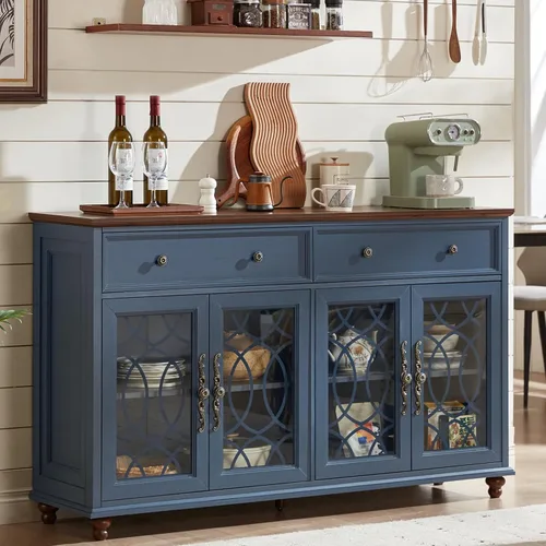 Joaxswe Aparador de estilo rústico con almacenamiento, credenza grande de 59 pulgadas con 4 puertas de vidrio y 2 cajones, estantes ajustables, mesa