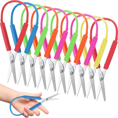 Honoson Paquete de 10 tijeras de bucle para niños de 5.5 pulgadas, autoapertura, adaptativas, para necesidades especiales, mini tijeras de fácil