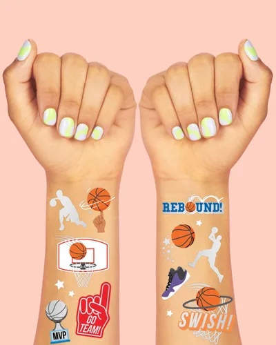 Miniatura 3 de xo, Fetti Tatuaje temporal de baloncesto – 58 estilos de aluminio Decoraciones de fiesta de cumpleaños de baloncesto, recuerdos de fiesta