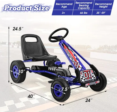 Miniatura 7 de HONEY JOY Go Kart para Niños, Cuadriciclo de 4 Ruedas Todoterreno con Pedales Go Cart con Volante y Asiento Ajustable, 2 Frenos de Seguridad, Azul