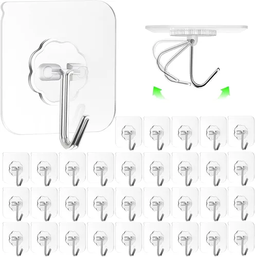 ZESLMG Ganchos de pared adhesivos para colgar, paquete de 32 ganchos autoadhesivos resistentes de 10kg transparentes, removibles, sin daños para