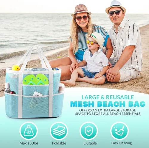 Miniatura 4 de EASYFUN Bolsa de playa grande de malla, bolsa de playa ligera con 9 bolsillos, accesorios de playa plegables