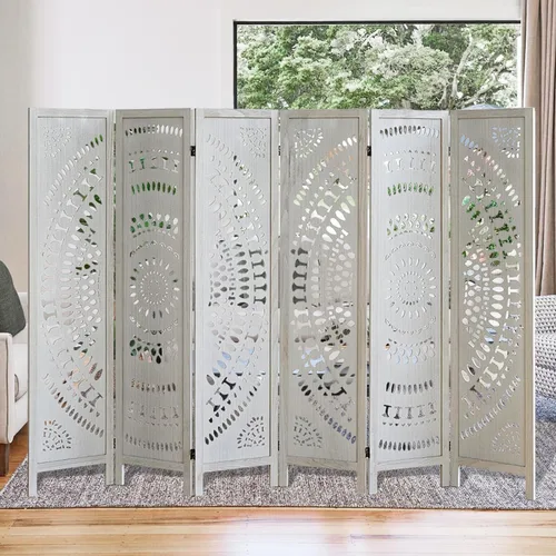 Miniatura 9 de Divisor de habitación de 4 paneles de madera tallada de 5.6 pies de alto, pantalla de privacidad plegable con bisagras dobles, divisor de división