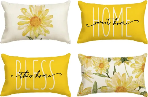 Miniatura 9 de AVOIN colorlife Home Sweet Home - Juego de 4 fundas de almohada amarillas para primavera y verano, 16 x 16 pulgadas, funda de cojín azul para sofá