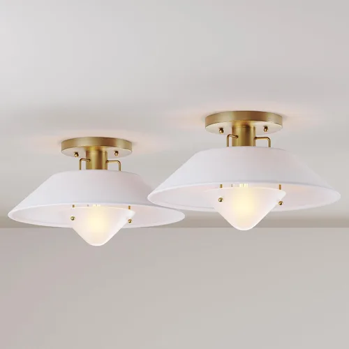 Miniatura 10 de Nathan James Argo - Lámpara de techo semi empotrada al ras, 3 luces, iluminación retro moderna con pantallas redondeadas blancas para pasillo, Latón