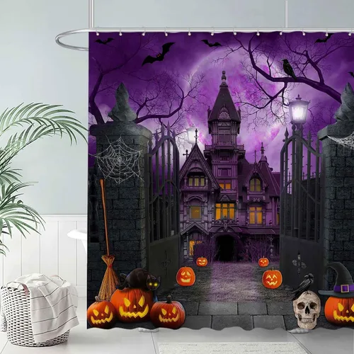 Miniatura 2 de Allenjoy Cortina de ducha de Halloween de 72 x 72 pulgadas para baño, juego de cortina de ducha de noche aterradora, luna gótica, casa encantada