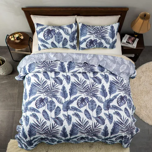 Miniatura 3 de HORIMOTE HOME Juego de edredón de plantas tropicales, tamaño individual, 2 piezas, hojas de palma azul, estilo selva, estampado fino, reversible