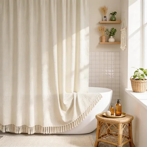Miniatura 16 de Cortina de ducha de lino negro, cortinas de ducha de tela bohemia para baño, juego de forro de tela natural de algodón, 72 pulgadas de ancho x 72