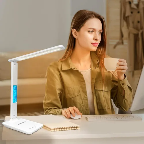 Miniatura 7 de snsok Lámpara de escritorio con cargador inalámbrico, puerto de carga USB, luz de escritorio de oficina regulable con reloj, alarma, fecha, Blanco