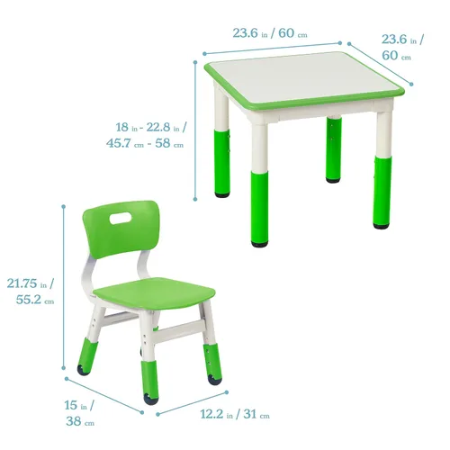 Miniatura 2 de ECR4Kids Mesa de actividades cuadrada de borrado en seco con 2 sillas, ajustable, muebles para niños, verde hierba, 3 piezas Verde (Grassy Green)
