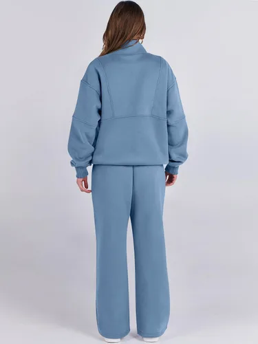 Miniatura 4 de ANRABESS Conjunto de 2 piezas para mujer, sudadera de gran tamaño con media cremallera a juego, pantalón de pierna ancha, conjunto de ropa
