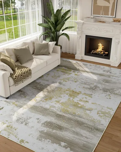 Miniatura 7 de Kelarea Alfombra lavable para sala de estar, 5 x 7 antideslizante, alfombras modernas abstractas color beige, alfombra de pelo bajo fácil