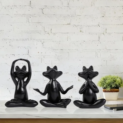 Miniatura 6 de Suoedd Juego de 3 figuras de rana negra para decoración de yoga, estatuas de yoga de rana para sala de estar moderna, mesa, oficina, estantería