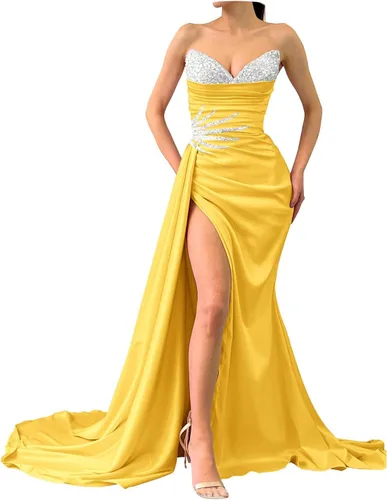 Vestido de fiesta sin tirantes con lentejuelas para mujer, de satén, largo, formal, vestido de fiesta de noche, vestido de novia con abertura