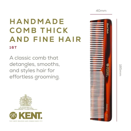 Miniatura 2 de Kent 16T-16TG Peine de dientes finos y dientes anchos para aseo diario, peine de peinado hecho a mano para todo tipo de cabello, peines para peinar
