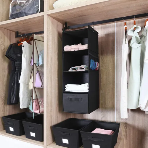 Miniatura 7 de MAX Houser Organizador de armario colgante de 4 estantes, ahorro de espacio, estantes colgantes de tela con 2 bolsillos laterales, plegable (negro)