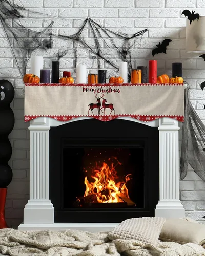 Miniatura 3 de Bufanda de manto de 60 x 17 pulgadas, diseño de cuadros rojos de búfalo a cuadros, alce de Navidad, chimenea, cubierta de mantel para Navidad