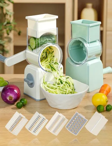 Miniatura 2 de Rallador giratorio de queso con manivela, trituradora multiusos con 5 cuchillas intercambiables de acero inoxidable para triturar, rebanar y rallar