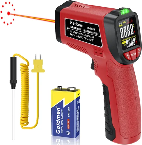 Pistola termómetro infrarroja, temperatura láser Gedaye con puntero IR 13:1, pistola de temperatura de carne con sonda de metal, emisividad Rojo