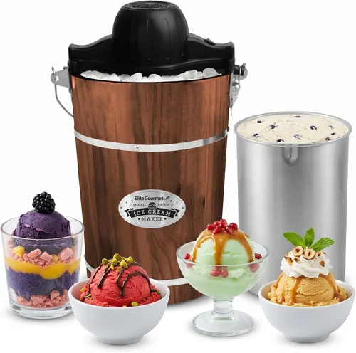 Elite Gourmet EIM949 Máquina para hacer helado eléctrica con cubeta de nogal vintage de 6 cuartos estilo antiguo, de la serie Appalachian, utiliza