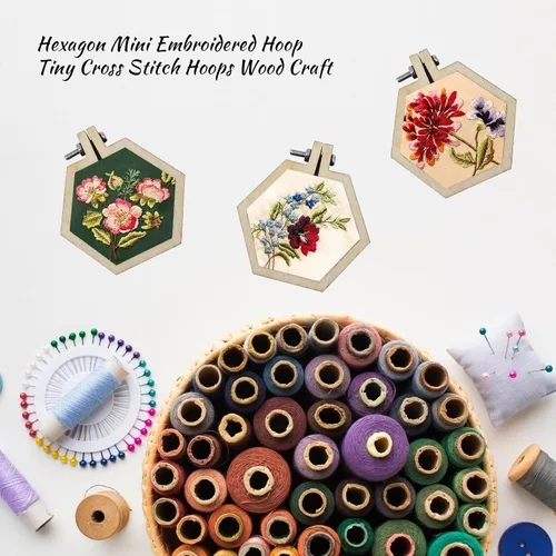 Miniatura 5 de Dnyta 10 PCS Aros Hexagonales Mini Bordados Aros Pequeños de Punto de Cruz Manualidades de Madera para Llavero, Aretes, Joyas, 1.6×1.5 pulgadas