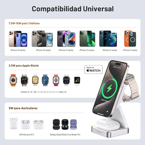 Miniatura 7 de 【Actualizado 2026】Cargador inalámbrico 3 en 1, estación de carga inalámbrica plegable con luz para cargador magnético de Apple, cargador magnético