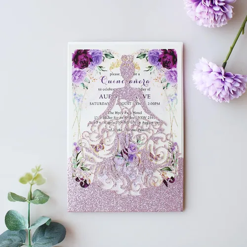 Miniatura 2 de 5.12 x 7.28 pulgadas, kit de 50 invitaciones de quinceañera con purpurina morada, cortadas con láser, huecas, de niña princesa, invitaciones