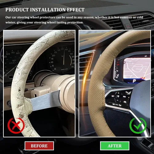 Miniatura 5 de Funda de cuero para volante, con cordones, transpirable, antideslizante, protector para volante de automóvil para un diámetro máximo de 15 pulgadas