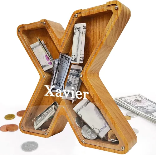 Miniatura 65 de Alcancía para niños y niñas, alcancía grande de madera personalizada con diseño recortado, bancos de monedas con letras del alfabeto, caja de ahorro