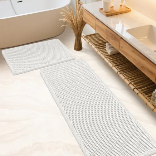 Miniatura 12 de IM HOME Tapete de baño de punto gofre, color caqui, de 24 x 17 pulgadas, tejido bohemio, moderno, absorbente, antideslizante, suave, lavable