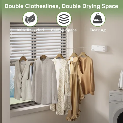 Miniatura 2 de Danpoo Tendedero retráctil, línea de ropa de acero inoxidable de 2 x 13.8 pies para interiores y exteriores, secado de ropa montado en la pared