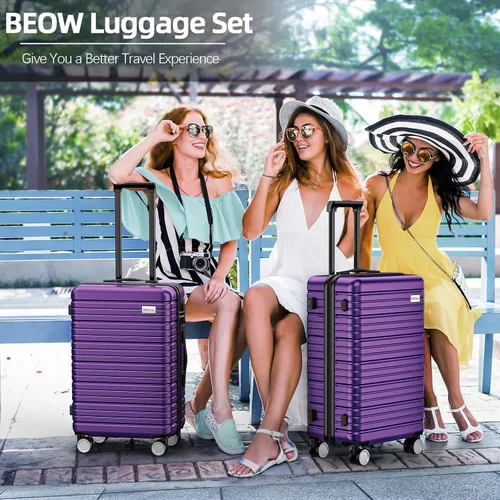 Miniatura 2 de BEOW Equipaje expandible liquidación 4 piezas Hardshell ligero PC+ABS Maleta Spinner Ruedas TSA Lock, Púrpura