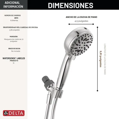 Miniatura 5 de Cabezal de ducha Delta ProClean cromado con mano, cabezal de ducha con rociador de alta presión, cabezal de ducha de mano, 6 configuraciones