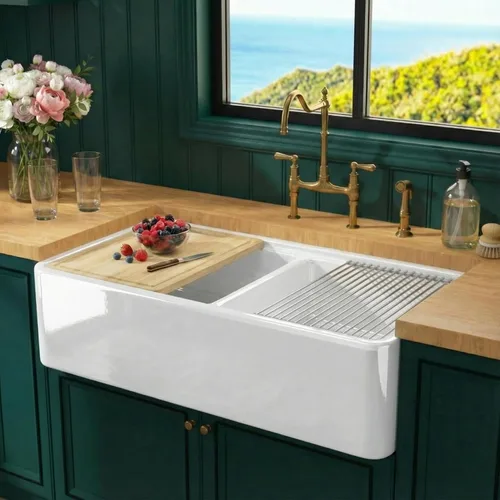 Miniatura 10 de Miuara Fregadero de cocina estilo casa de campo con cuenco doble de 33 pulgadas, fregadero de cocina frontal con delantal blanco, reversible, 33 x