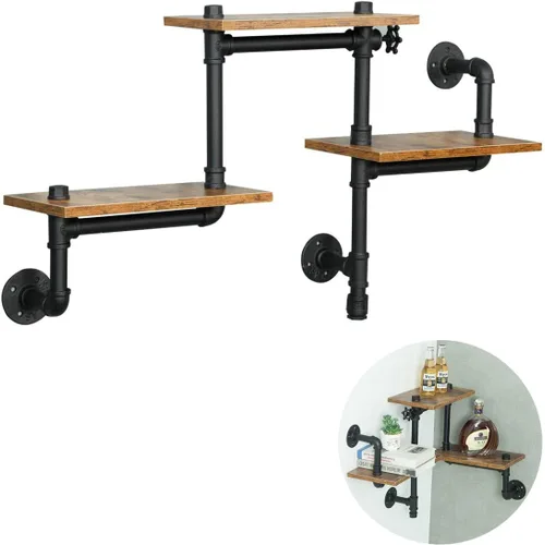 Estantería de tubería industrial, estantes de tubería con tablones de madera, estantes flotantes montados en la pared, estante industrial rústico