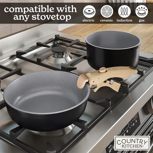 Miniatura 6 de Country Kitchen Juego de utensilios de cocina con mango extraíble, juego de ollas y sartenes aptas para horno y RV, mango de madera negro/gris