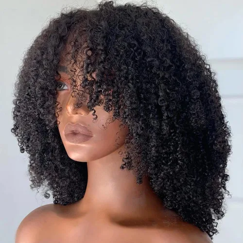 Miniatura 8 de Peluca de cabello humano rizado afro con flequillo, hecha a máquina, peluca superior del cuero cabelludo, sin pegamento, virgen, brasileño, afro