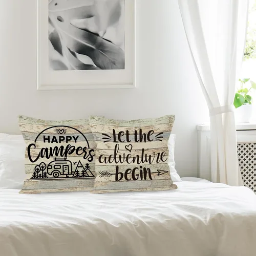 Miniatura 3 de Fundas de almohada decorativas con temática de campamento, 2 x 18 x 18 pulgadas, mezcla de lino y algodón beige, impresión de letras rústicas