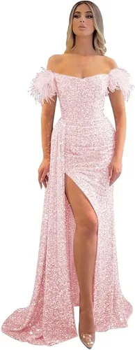 Miniatura 12 de Vestidos de fiesta de lentejuelas con hombros descubiertos, vestido formal de sirena brillante, vestido largo de fiesta de noche con abertura