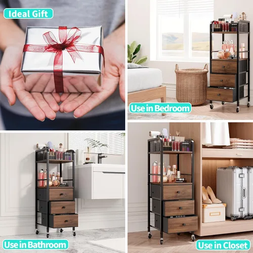 Miniatura 7 de HapiRm Organizador de Carrito de Maquillaje Rodante - Almacenamiento de Maquillaje y Cuidado de la Piel de Piso con 3 Cajones de Tela No Tejida
