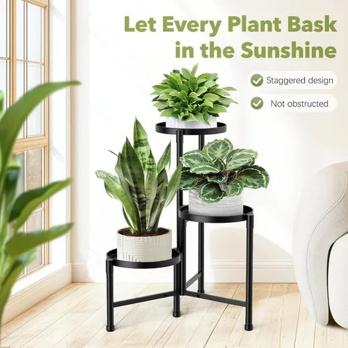 Miniatura 7 de Soporte esquinero de 3 niveles para plantas para interiores y exteriores, estante de metal para plantas con bandeja de 10 pulgadas de ancho, soporte